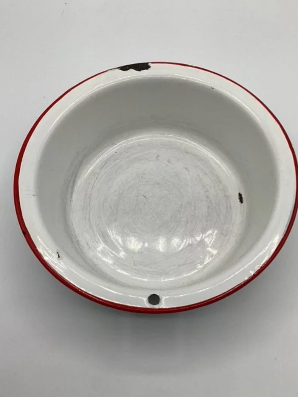 Vintage Enamelware Bowl White‎ with Red Trim 7